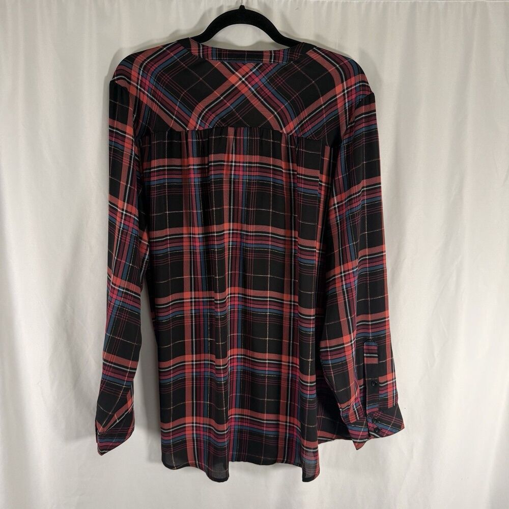 Torrid Blouse Women's 2 2X Red Black Plaid Vneck Long Sleeve Semi Sheer - Picture 8 of 10